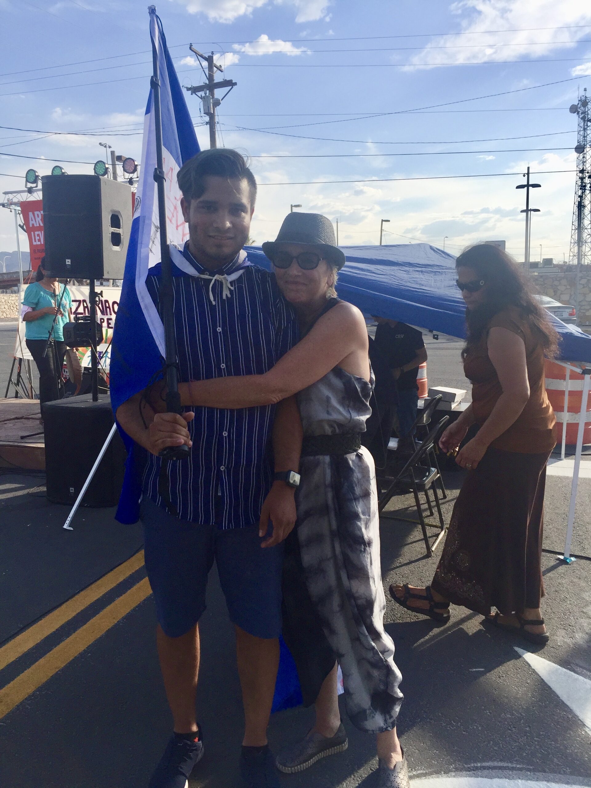 Solito, Solita narrator Gabriel Mendez with playwright Eve Ensler at the El Paso border.